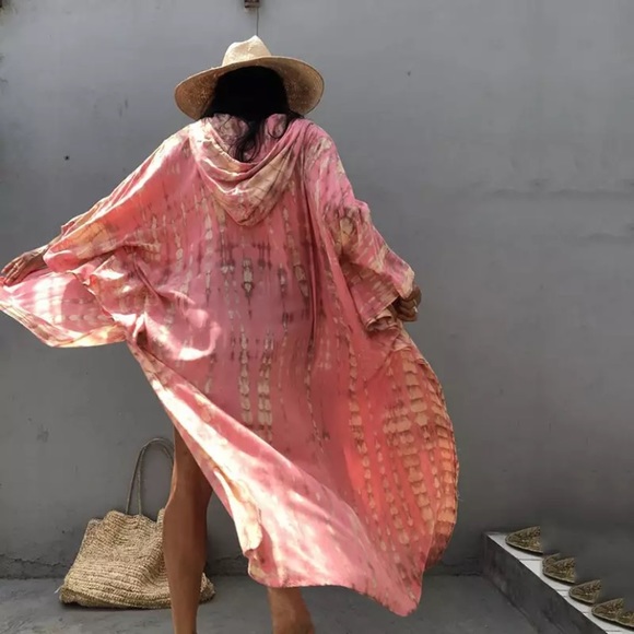 SOLD OUT Pink Tie Dye Hooded Kimono Duster Coverup Robe - Picture 3 of 3